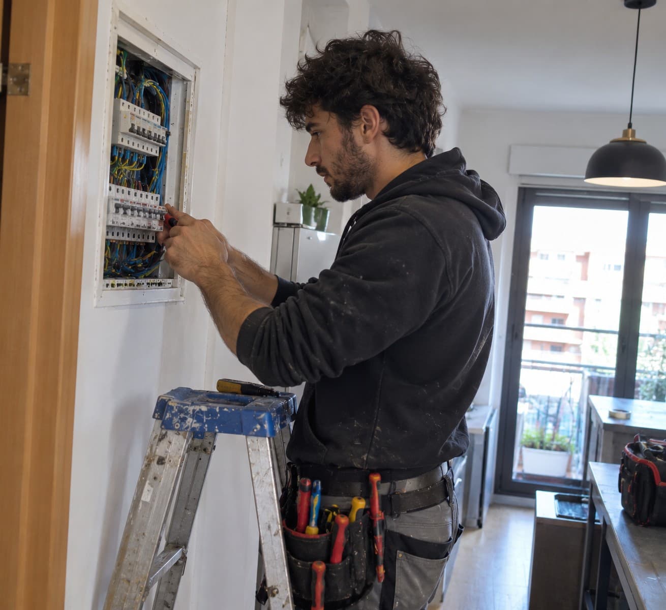 Electricista revisando el cuadro eléctrico de un piso en Barcelona