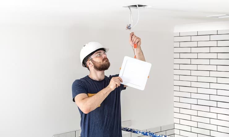 Electricista profesional conectando una luminaria en una obra