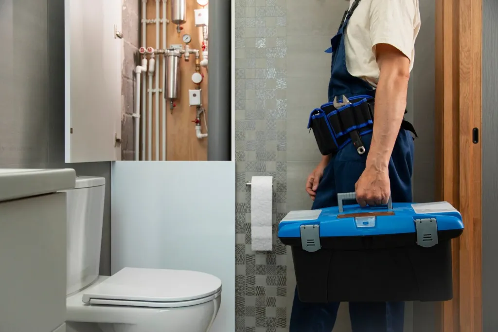 Fontanero llegando a un baño con su caja de herramientas