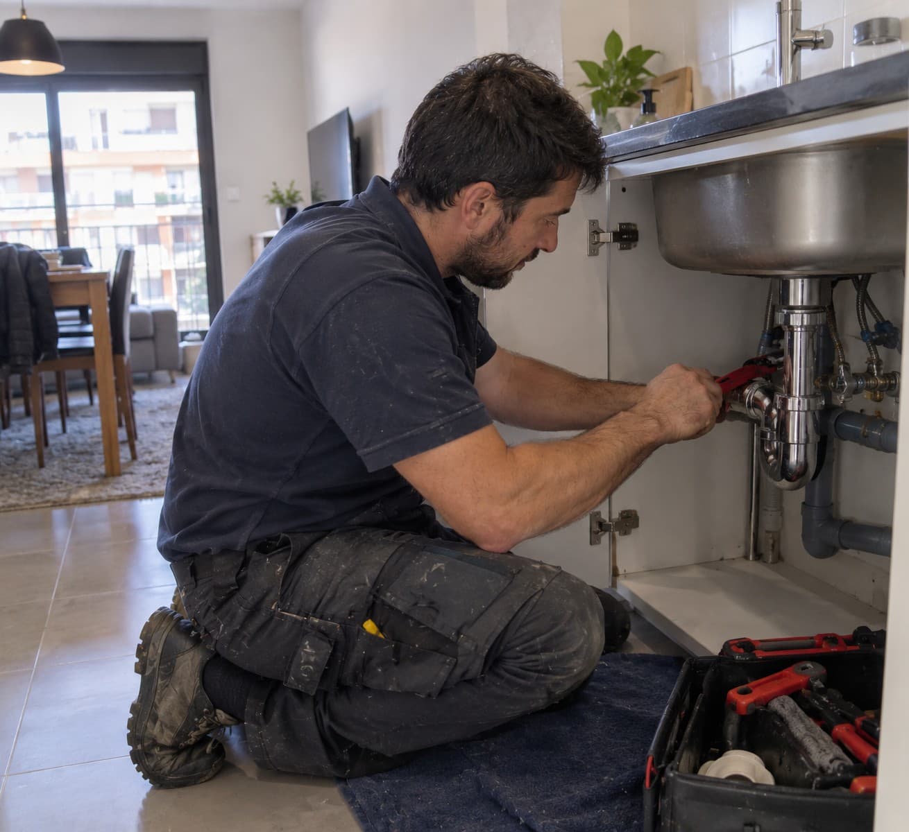 Fontanero reparando el desagüe de un fregadero en un piso de Barcelona