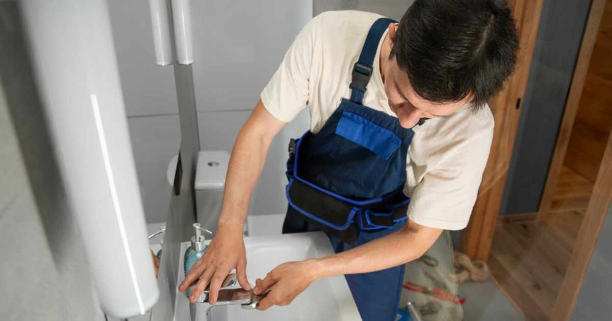 Fontanero ajustando el grifo de un lavabo