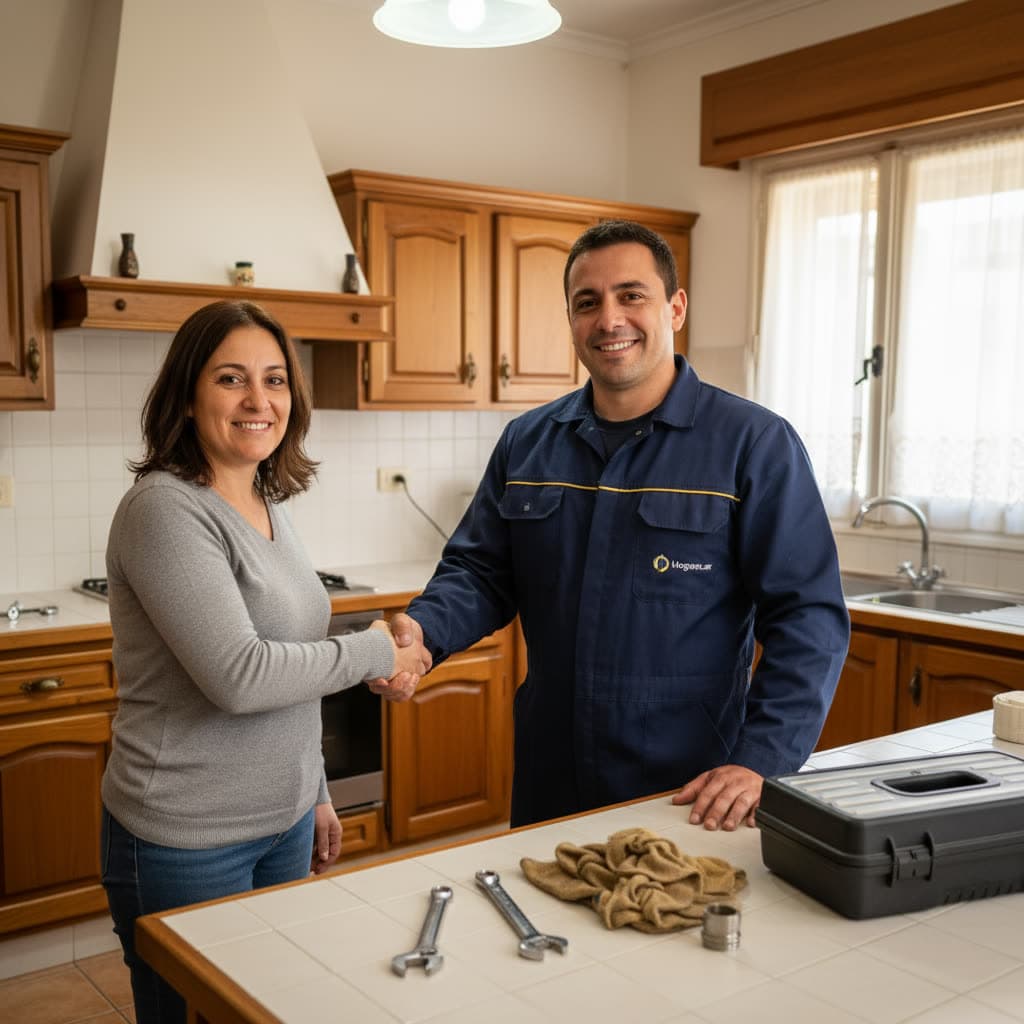 Fontanero y clienta dándose la mano en una cocina tras terminar un trabajo