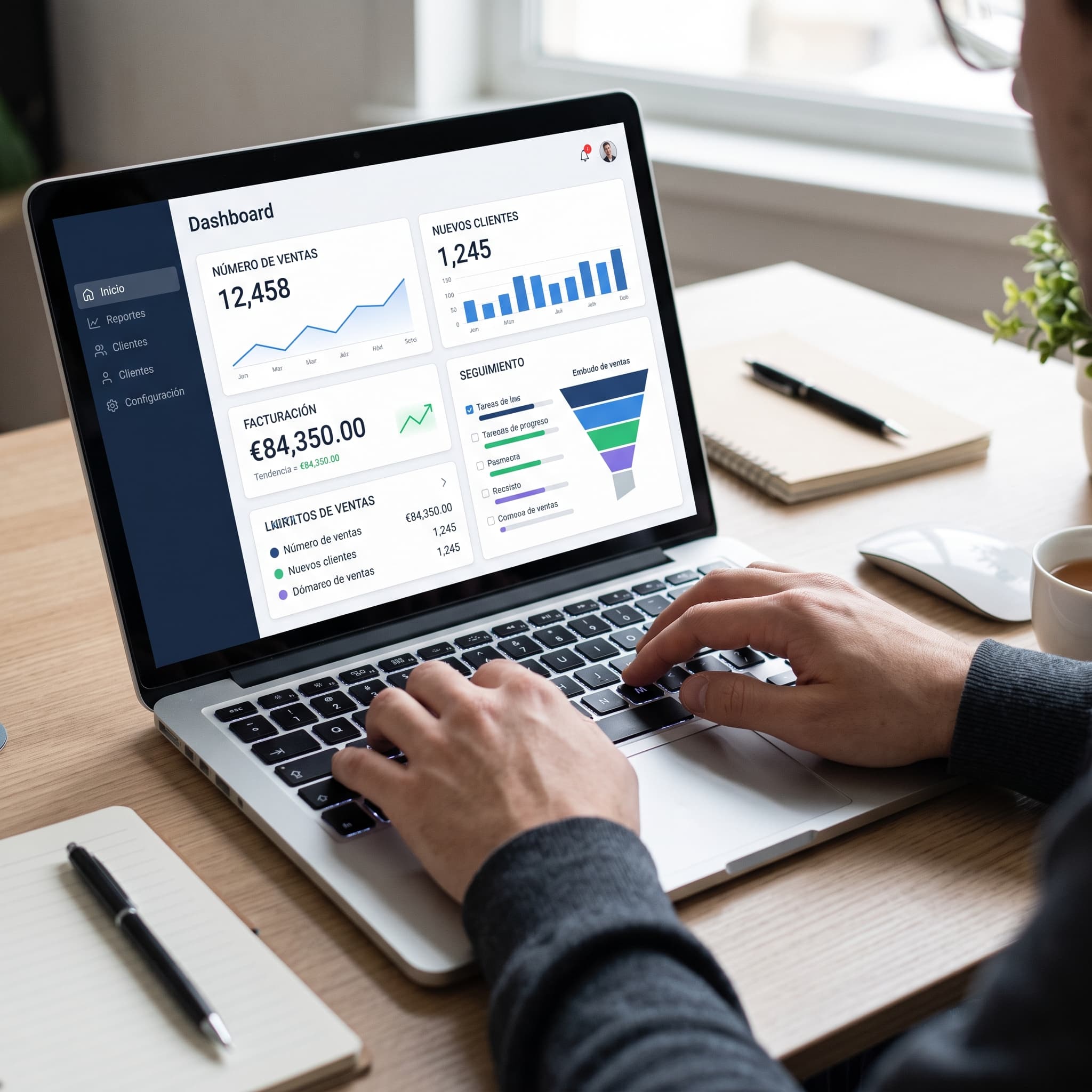 Portátil mostrando el dashboard de un CRM con ventas, clientes y seguimiento