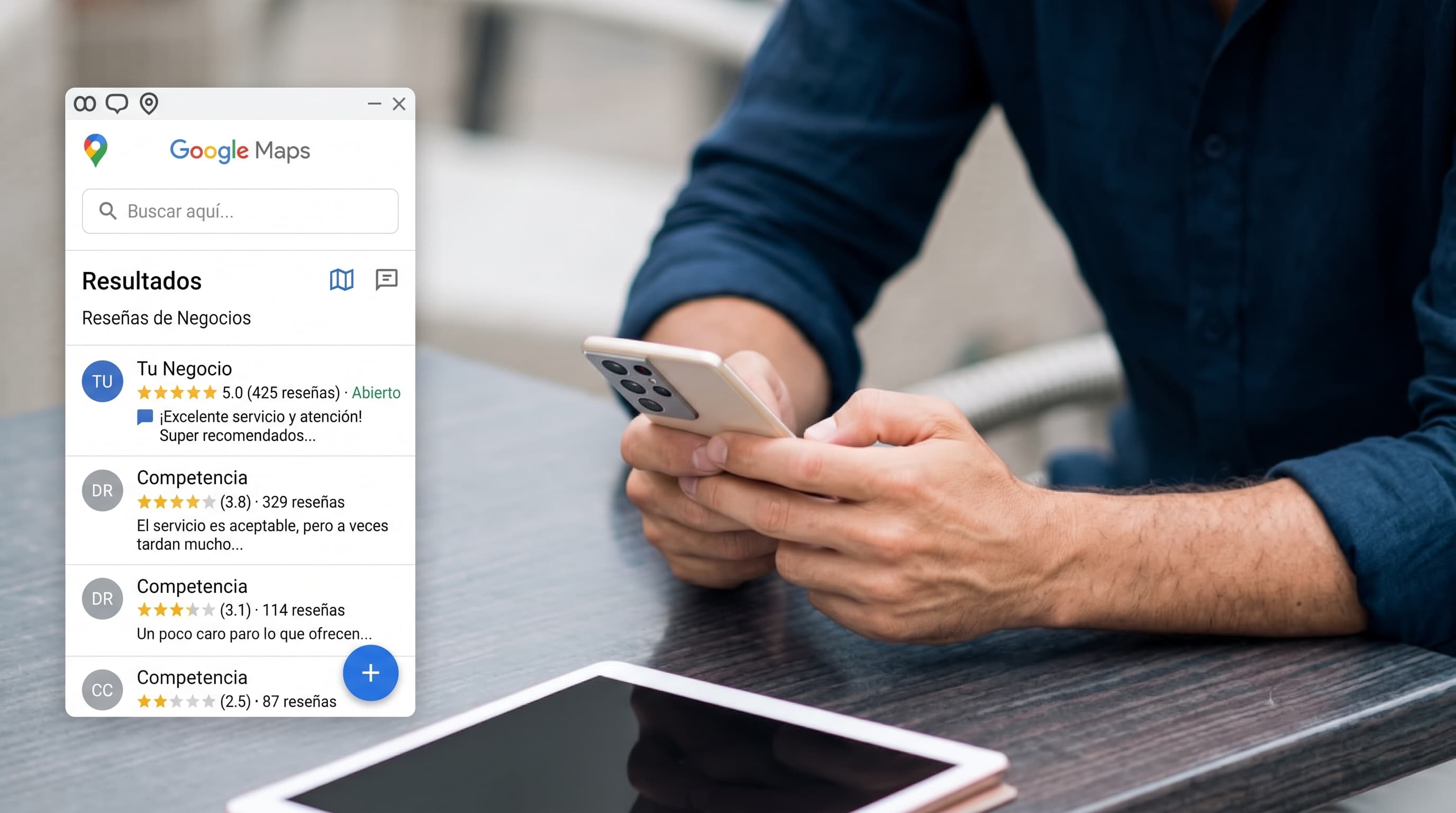 Simulación de resultados de Google Maps comparando un negocio con su competencia