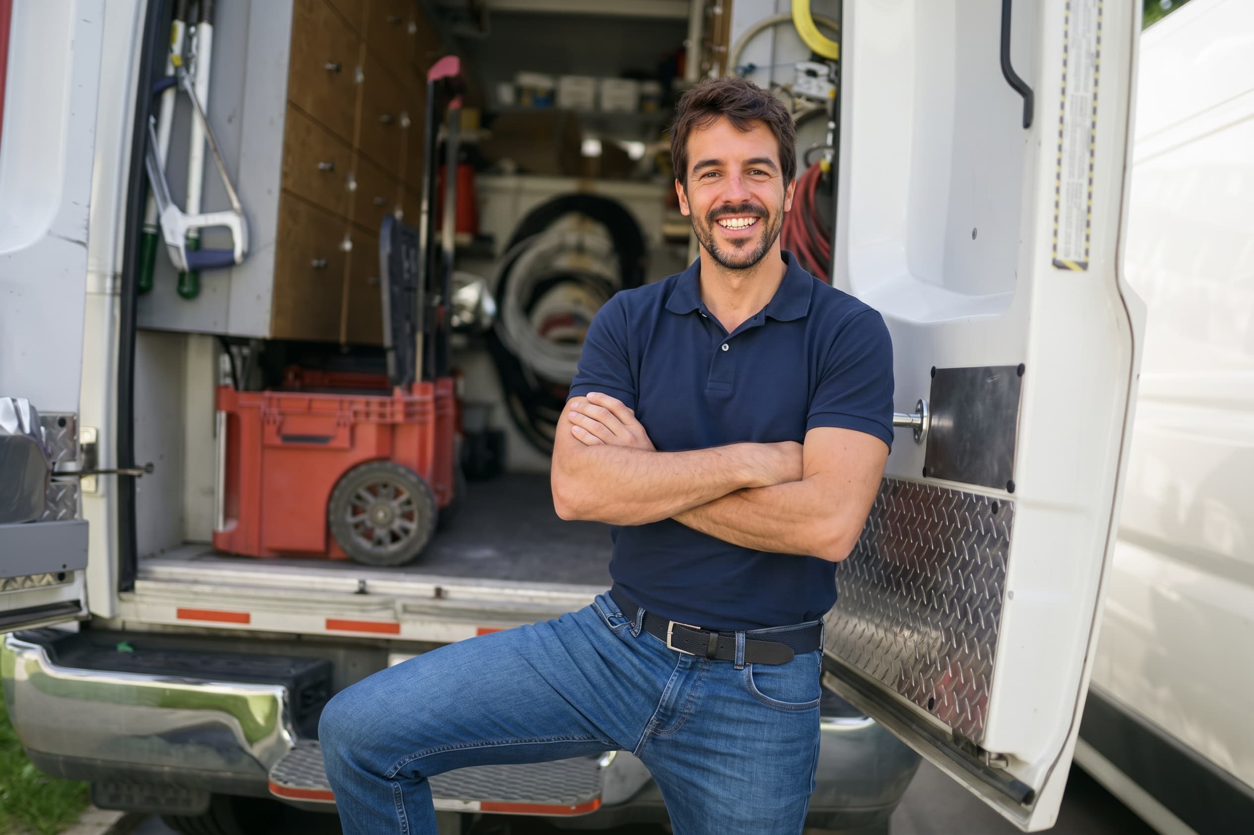 Profesional de oficios delante de su furgoneta de trabajo, con los brazos cruzados y sonriendo